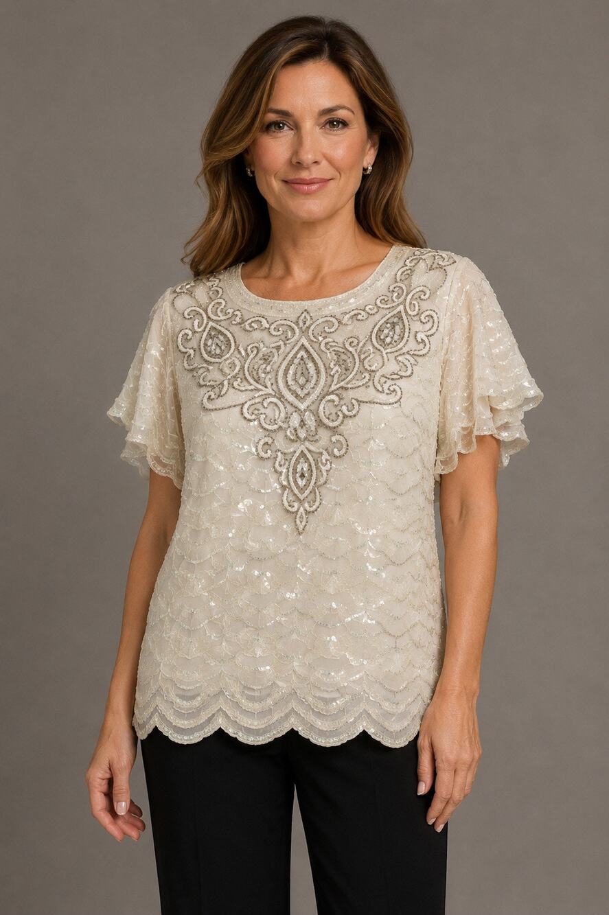 Vintage Papell Boutique Evening PS 100% Silk Beaded Sequin Scalloped Blouse